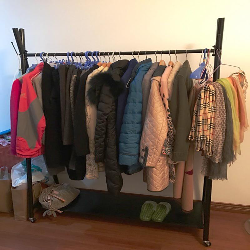 单杆晾衣架家用挂衣架落地式卧室置衣架阳台铁晒衣架挂被子架 三维工匠 [上下带板]黑色长180*高165晾衣杆