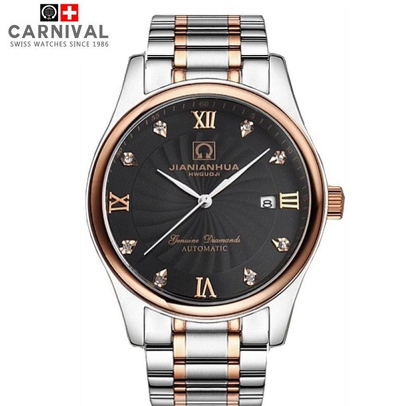 瑞士嘉年华CARNIVAL手表 名匠商务系列男士全自动机械表 男日历防水大三针背透带时尚商务男表腕表8828G水钻款精钢 玫金黑面