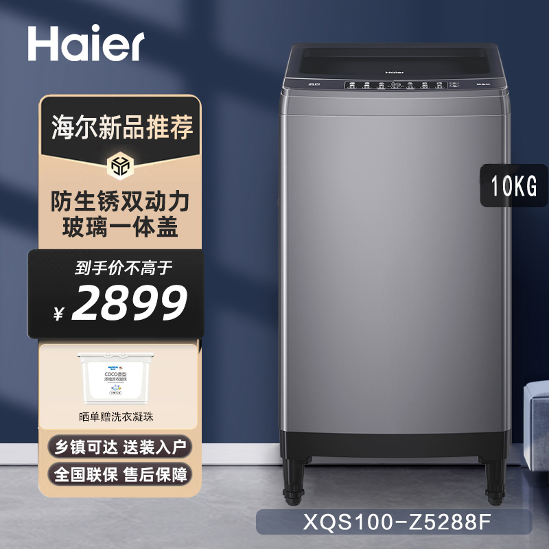 [2023新品]海尔波轮洗衣机10公斤双动力防缠绕防生锈除菌洗智慧洗强力洗羊毛洗牛仔洗抗菌童锁XQS100-Z5288F