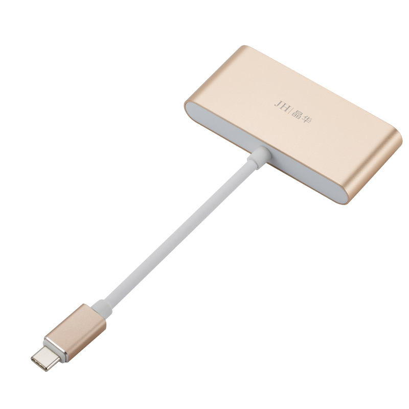 JH晶华 type-C转USB+PD接口转换器USB-C3.0HUB分线器苹果电脑扩展双USB 一变四出 金色