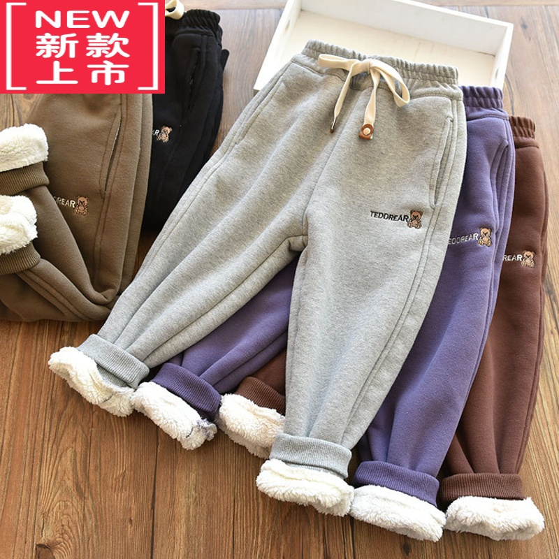 可莉允一体羊驼绒男女童保暖加厚休闲裤儿童韩版字母小熊保暖休闲棉裤冬保暖裤