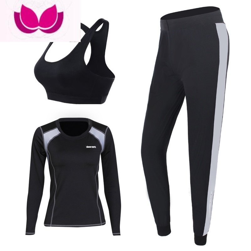七斓瑜伽服套装新款跑步女专业长袖健身房大码显瘦速干普拉提运动 黑色哈伦裤三件套 3XL