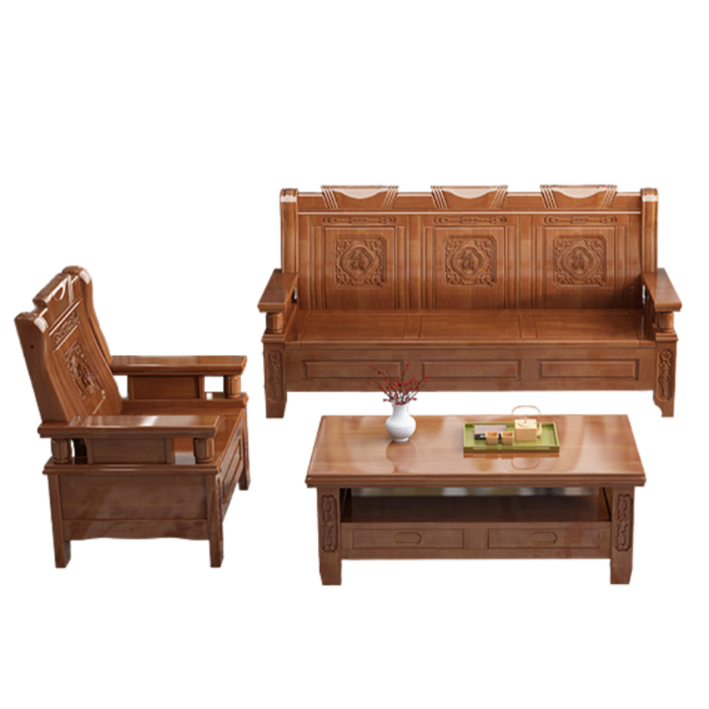 智叶舟实木沙发组合184*73*101cm(3+1+茶几)套高清大图