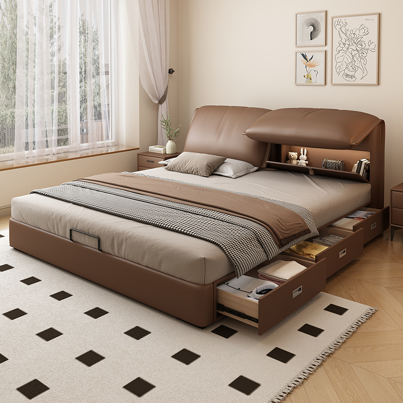 欧梵森轻奢多功能储物真皮床主卧高端大气1.8米双人大床现代简约婚床高清大图