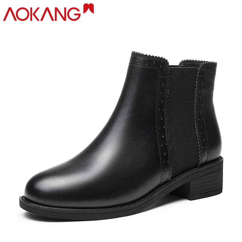 奥康女鞋切尔西短靴女牛皮雕花踝靴小皮鞋英伦风粗跟单靴子图片