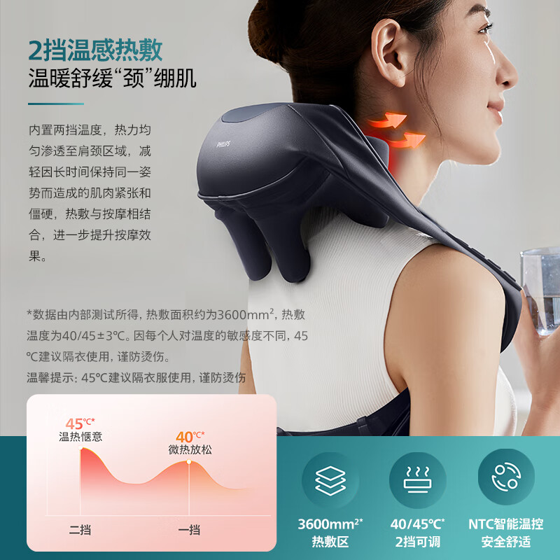 飞利浦(PHILIPS)颈椎按摩器按摩披肩肩颈按摩器斜方肌腿腰颈部脖子按摩护颈仪 [温感热敷+3D按摩头]PPM3303高清大图