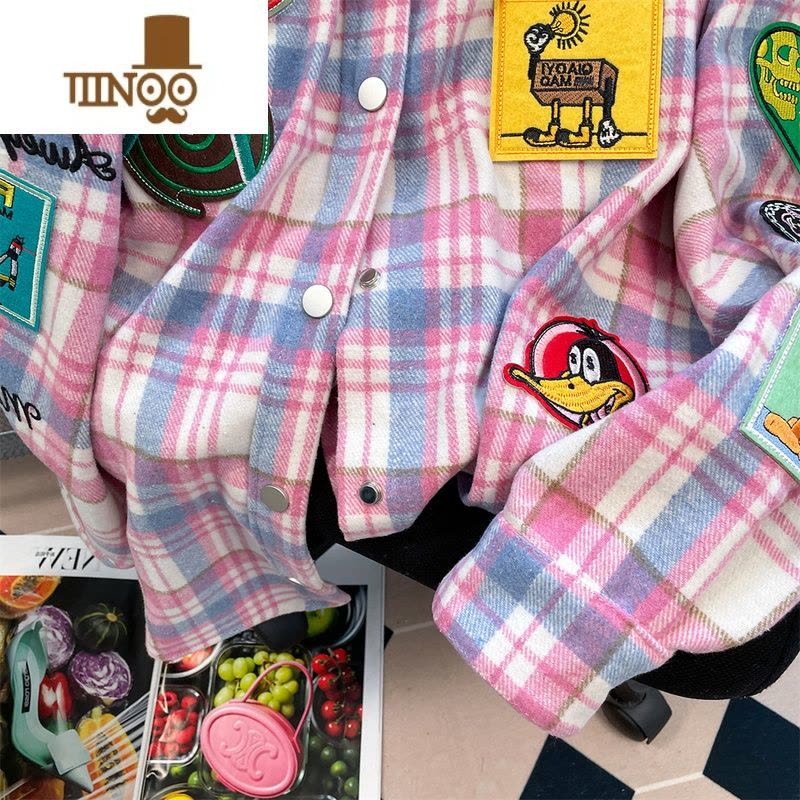 YANXU日系cityboy贴布刺绣格子长袖衬衫男女复古学院风磨毛呢上衣外套图片