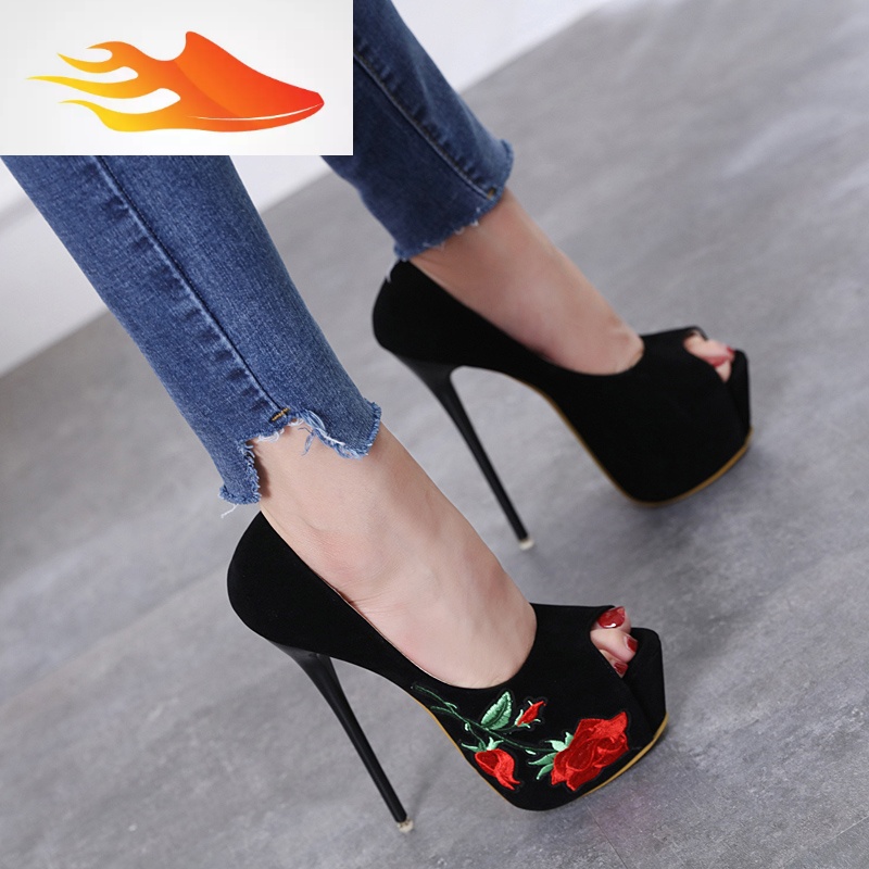 fishbasket黑色性感细跟恨天高夜店鱼嘴女鞋15cm超高跟防水台16cm女单