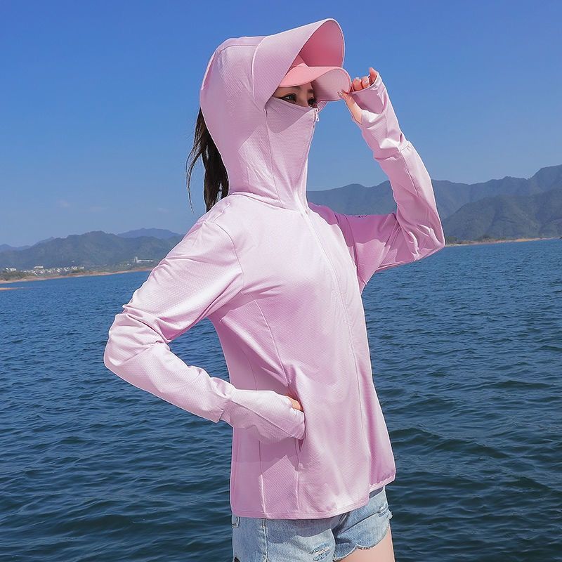 冰丝衣女外穿透气防紫外线夏季新款连帽长袖薄款骑车短款外套 L110-125斤 浅粉色（平面冰丝）