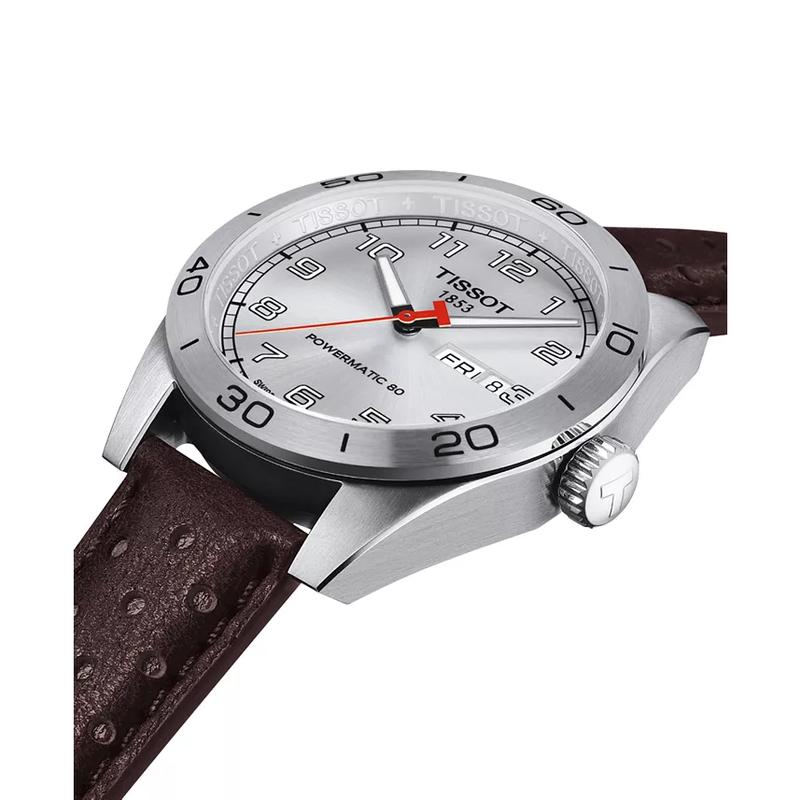 天梭(TISSOT)瑞士自动机械表男表银色日历窗不锈钢表壳棕色打孔皮带防水100米高清大图