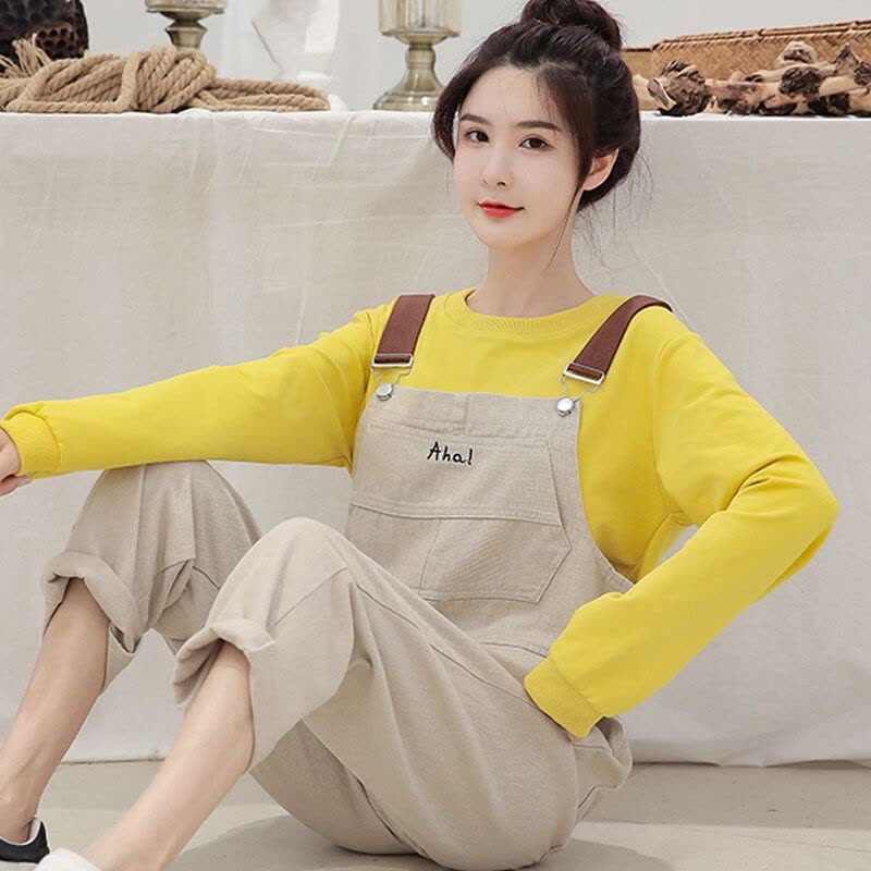 迪鲁奥(DILUAO)孕妇装2021秋冬新款牛仔工装背带裤韩版时尚套装加可爱娃娃头卫衣图片