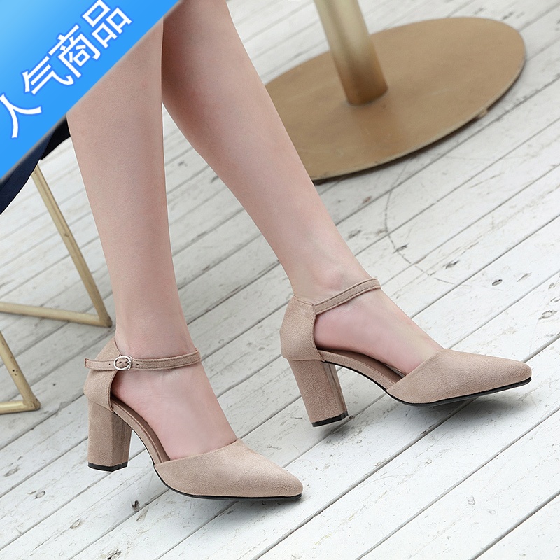 SUNTEK中空鞋学院职业黑色尖头中跟一字扣带高跟粗跟包头凉鞋女小码单鞋高清大图