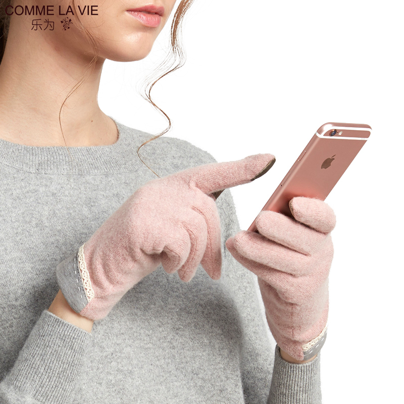 乐为触屏手套女士秋冬季天羊毛手套加绒加厚保暖分指可爱学生韩版潮流时尚女式 16FD152