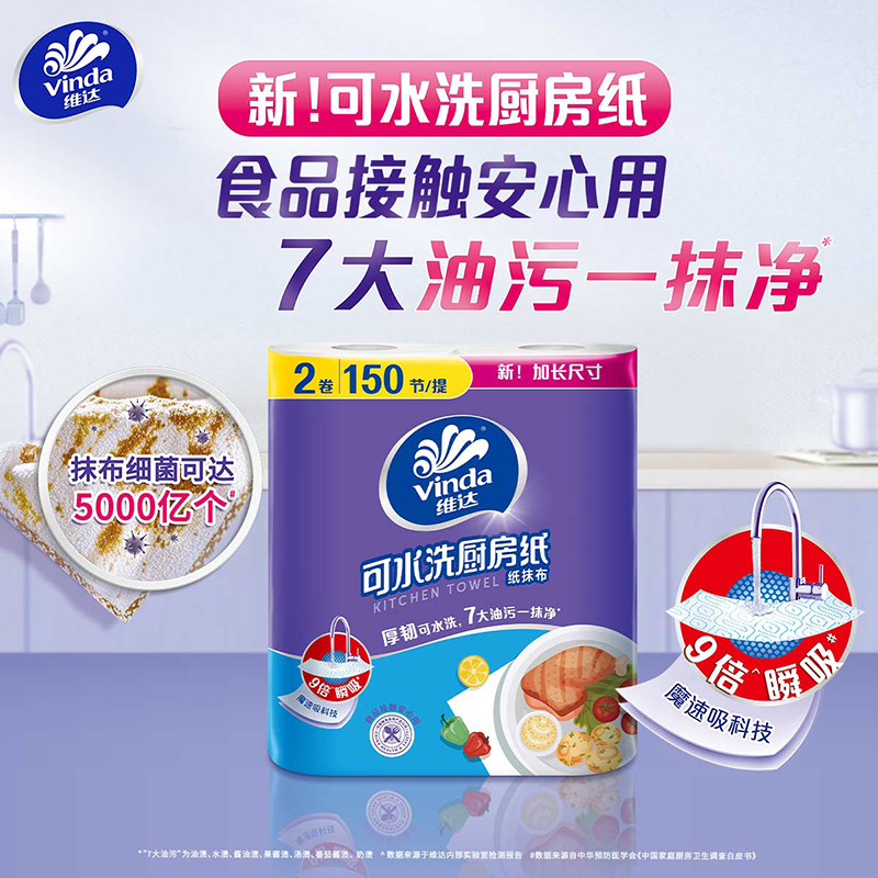 维达可水洗厨房卷纸2层75节8卷厨房纸 食品级加大加厚厨房专用去油污吸水吸油纸懒人抹布(新旧包装随机发货)高清大图