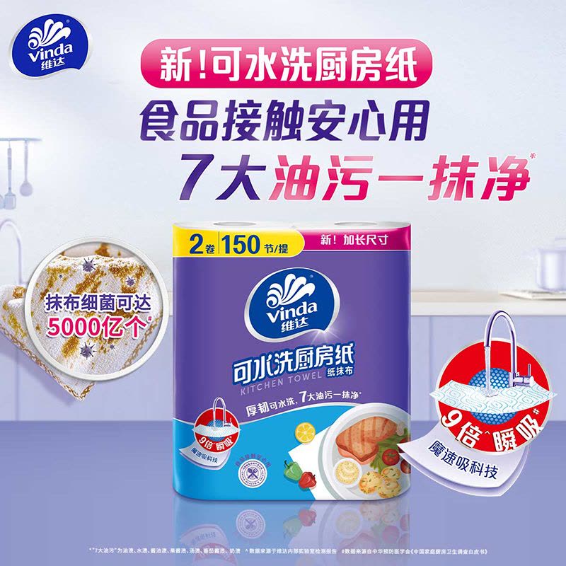 维达可水洗厨房卷纸2层75节8卷厨房纸 食品级加大加厚厨房专用去油污吸水吸油纸懒人抹布(新旧包装随机发货)图片