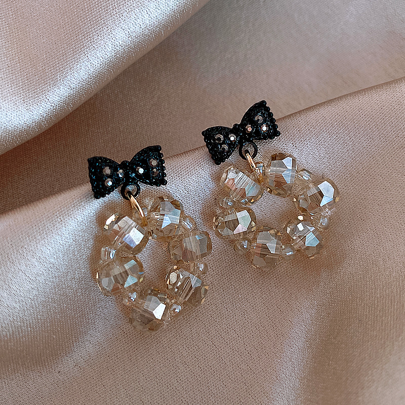 黑色蝴蝶结水晶耳环秋冬新款潮纯银银针韩国气质网红耳钉女耳饰水晶