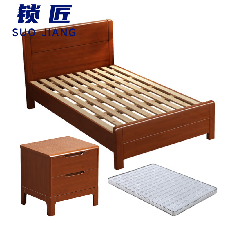 锁匠 实木床+床垫+床头柜高清大图