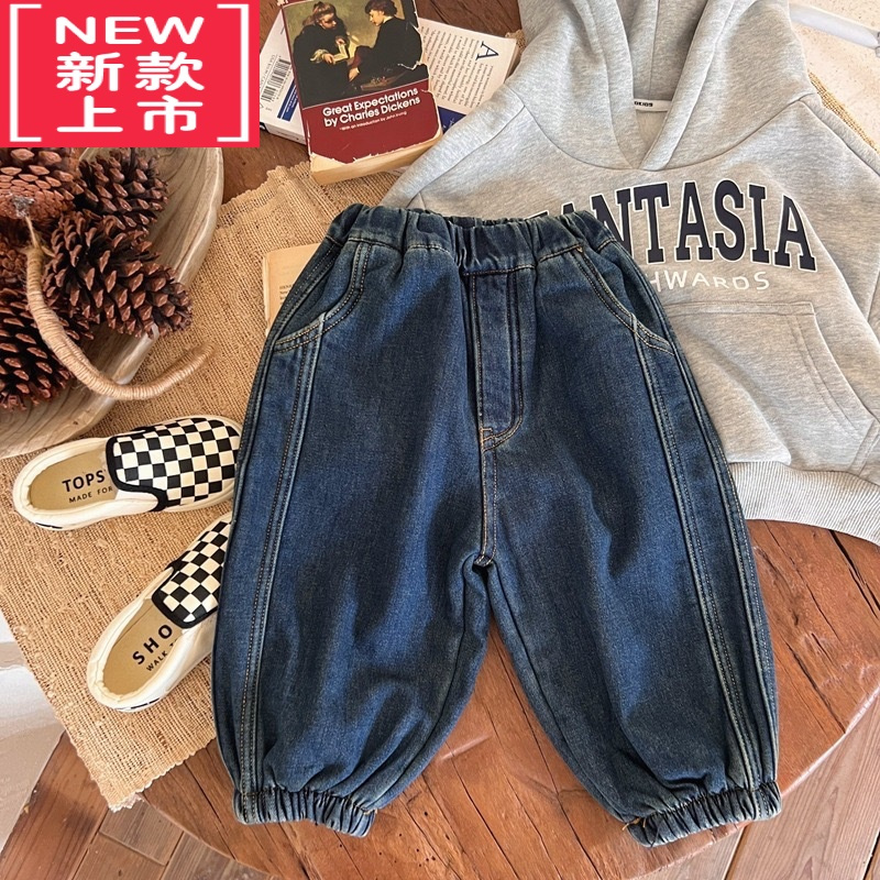 可莉允冬日百搭~韩版儿童加绒保暖纯色牛仔裤子男女宝宝束脚休闲灯笼裤保暖裤