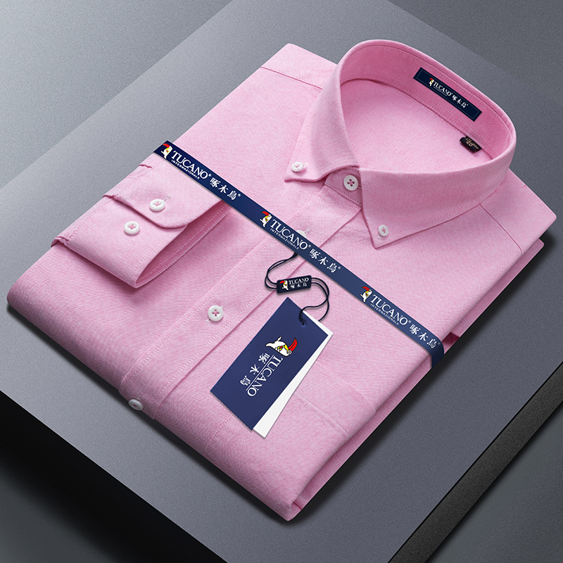 啄木鸟纯棉牛津纺白色男士衬衫短袖2025夏季免烫工装爸爸长袖衬爸 4XL43170-180斤 粉色长袖100%纯棉