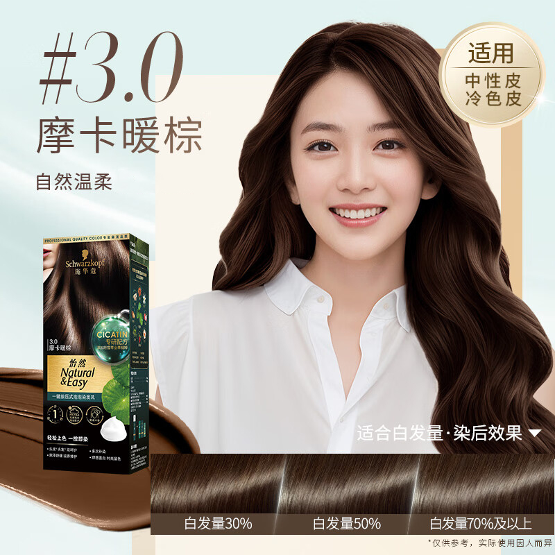 Schwarzkopf施华蔻怡然一按染泡泡染发乳3.0摩卡暖棕染发剂植物染发膏男女多次盖白发高清大图