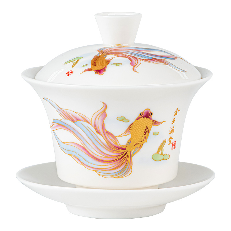 华普思羊脂玉三才悬停盖碗白瓷带盖大号不烫手茶碗茶杯功夫茶具 垂钓-悬停盖碗高清大图