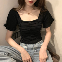 夏装新款方领露锁骨褶皱短袖T恤女装复古针织短款打底衫上衣 均码 黑色