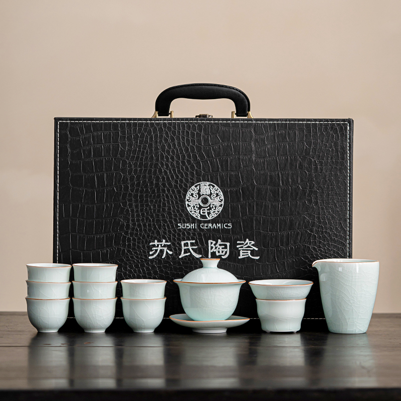 苏氏陶瓷(SUSHI CERAMICS)汝窑卵青 开片可养金线三才盖碗8茶杯高档礼盒装