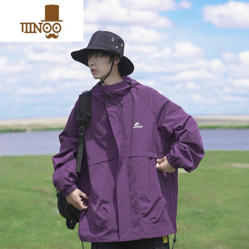 YANXUE秋季新款男夹克连帽户外工装机能冲锋衣印花潮牌宽松百搭外套男高清大图