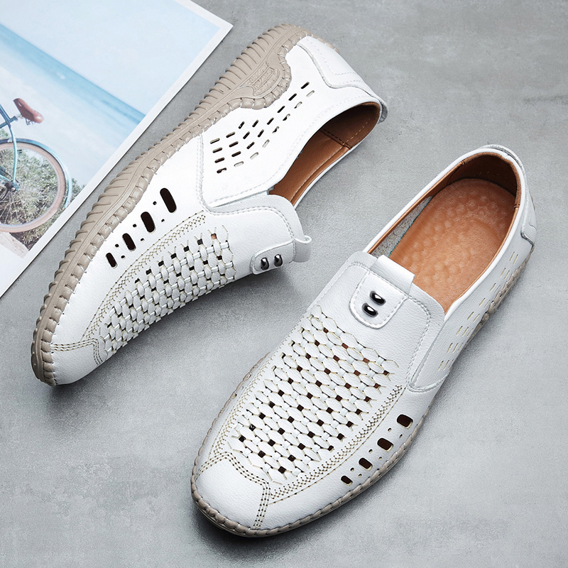 白色38凉鞋男夏季男士休闲皮鞋白色镂空皮凉鞋软底透气洞洞鞋英伦男鞋