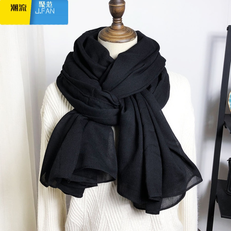 聚范黑色棉麻围巾女春季新款加厚长款文艺保暖纯色韩版百搭情侣款