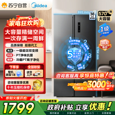 美的（Midea）572升双开对开门冰箱一级能效大容量风冷无霜超薄 BCD-572WKPM(Q) 炭灰-【570升级款】