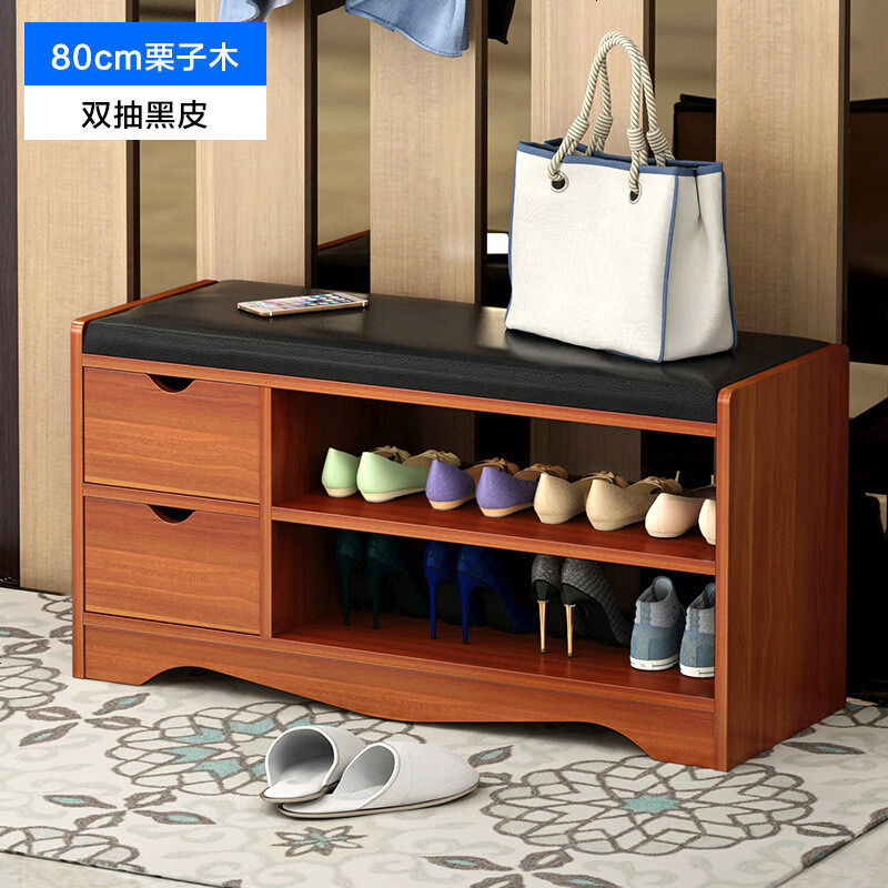 超级新品 简约现代客厅家具人造板厅玄关白色简易鞋架鞋进穿鞋凳沙发凳矮凳带抽屉防尘储物盒翻斗翻盖换鞋凳_636_473 80cm栗子木双抽黑皮