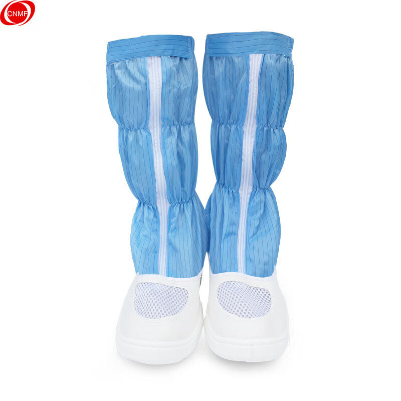 谋福CNMF 161防静电高筒靴无尘室长筒洁净鞋防护工作鞋男女车间工厂洁净靴高筒鞋( PU长筒透气网蓝色条纹45码)