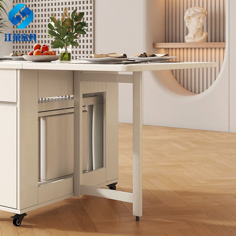 江莱小户型折叠餐桌可移动实木长方形伸缩桌子 1.3米桌+4把软包椅高清大图