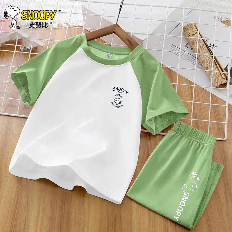 史努比(SNOOPY)儿童套装夏季薄款纯棉短袖女童空调服男孩睡衣休闲家居服套22TI01高清大图