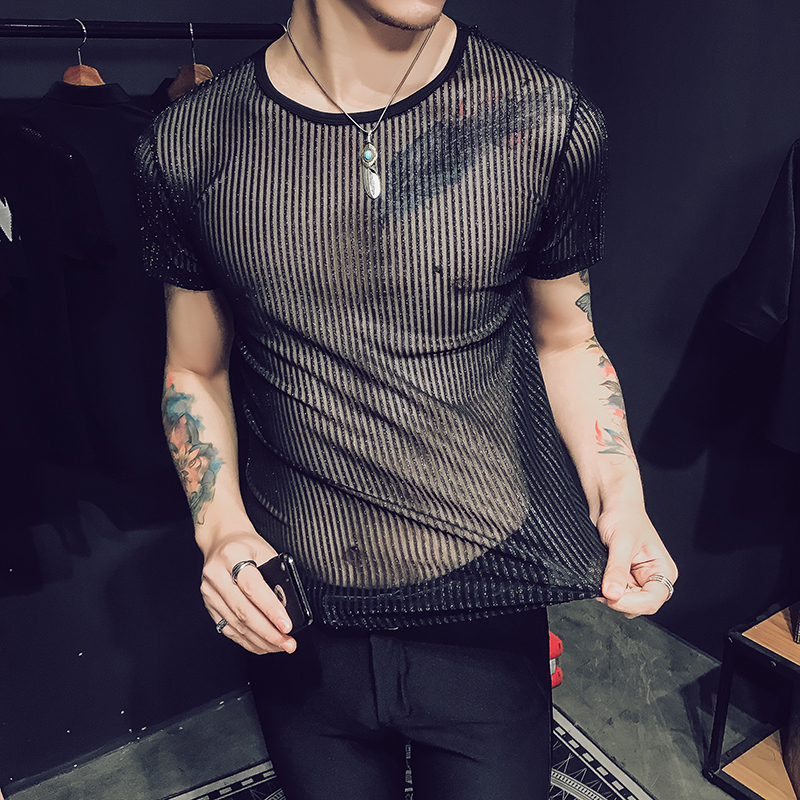 夏季型男网红蕾丝网纱短袖t恤性感透明半袖衫男士修身条纹防晒服