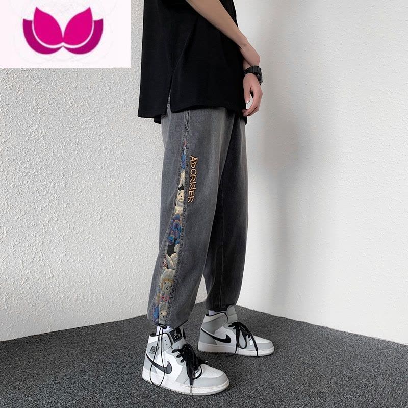 七斓牛仔长裤男ins复古拼接小熊高街夏季工装裤子潮牌九分束脚裤图片