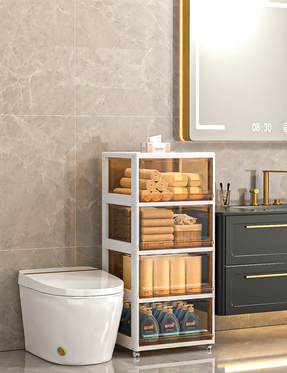 华普思可折叠夹缝收纳柜抽屉式储物箱家用宝宝零食柜卫生间窄缝整理柜子茶色象牙白46CM面宽4层可拆卸折叠多层带万向轮