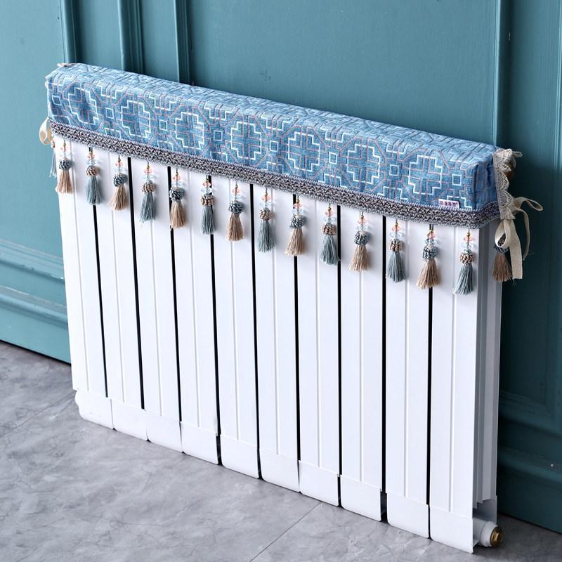 森美人欧式暖气片装饰罩布艺简约老式暖气片罩盖布帘遮挡防尘套布巾家用 竖格蓝色长60cm*厚度10cm*高度（含穗）20cm