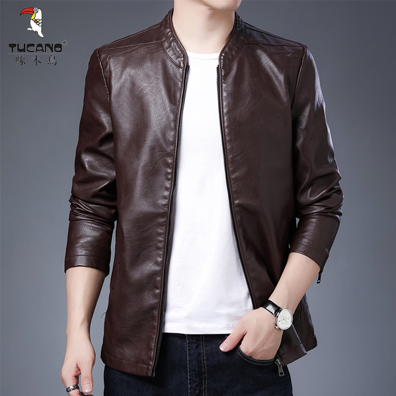 啄木鸟皮衣新款2025男士春秋立领加绒皮夹克百搭外套休闲上衣高清大图