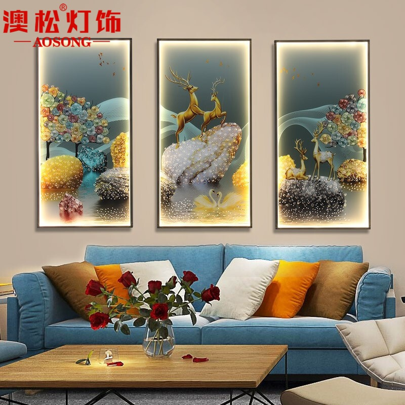 澳松客厅壁灯装饰画时尚轻奢晶瓷壁画灯中国风茶室沙发背景墙吉祥鹿发光壁画灯新中式餐厅玄关卧室带灯壁画 吉祥麋鹿 三联80*