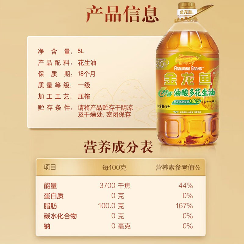 金龙鱼特香花生油5L大桶一级压榨花生油植物油食用油烘炒菜粮油家用桶装5升粮油金龙鱼花生油炒菜烹饪凉拌煎烘炒煮炸油油炸1桶