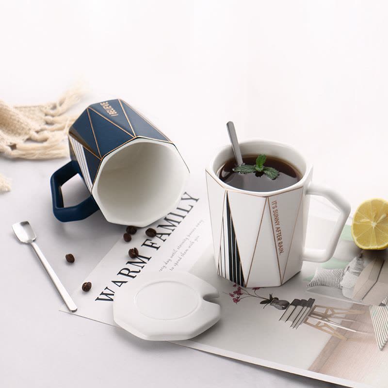 家柏饰(CORATED)创意马克杯北欧个性潮流陶瓷杯子办公室带盖勺家用早餐喝水杯 北欧白-300ml图片