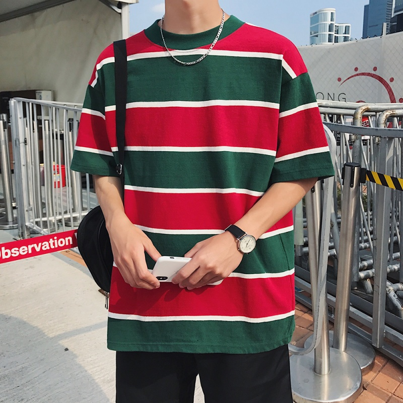 2018夏款男士条纹短袖T恤韩版时尚半袖上衣服港风圆领半截袖体恤
