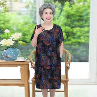 黑色花 L[建议80-95斤] 中老年人夏装女奶奶连衣裙宽松老人短袖裙子60岁70老人妈妈装衣服