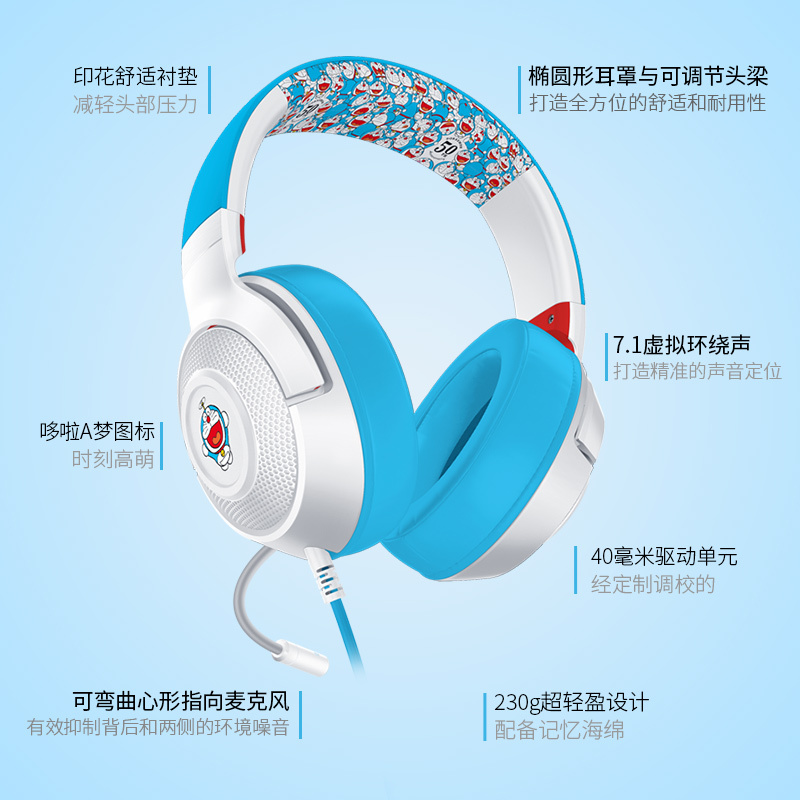 |哆啦a梦50周年限定款头戴式有线音乐游戏耳机带麦