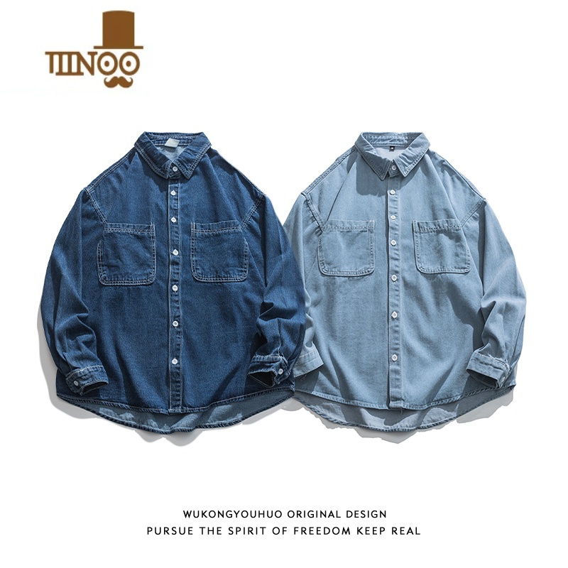 YANXU日系复古简约纯色做旧牛仔长袖衬衫男潮牌街头宽松bf衫系高清大图