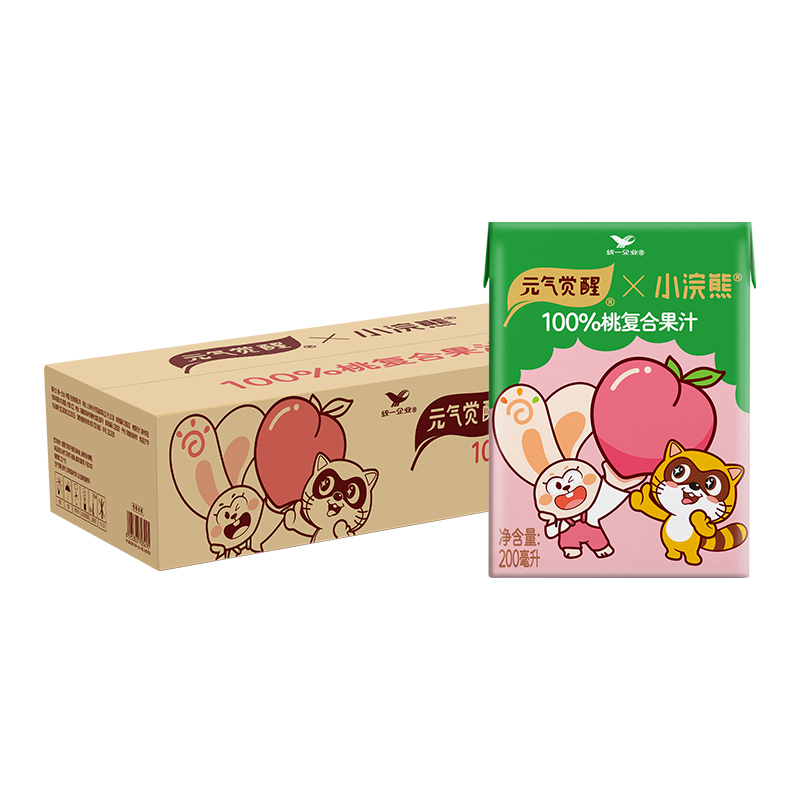 小浣熊联名】统一元气觉醒100%桃复合果汁饮料便携装200ml*24盒整箱