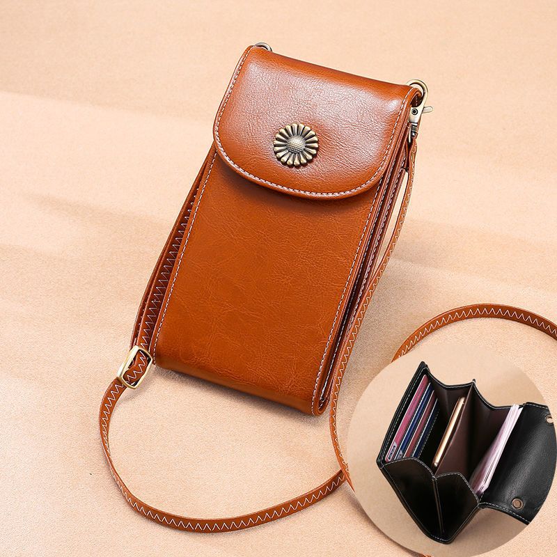 手机包女斜挎包夏天小包包新款女包单肩时尚牛皮迷你竖款放手机袋棕色
