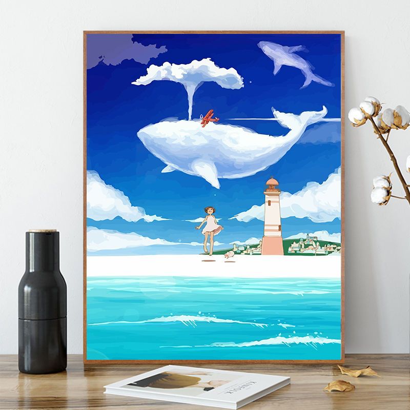 diy数字油画大鱼油彩画儿童手绘创意抽象蓝色鲸鱼装饰画清新天空 GX2427路飞 40*50cm画布颜料画笔(不带框)